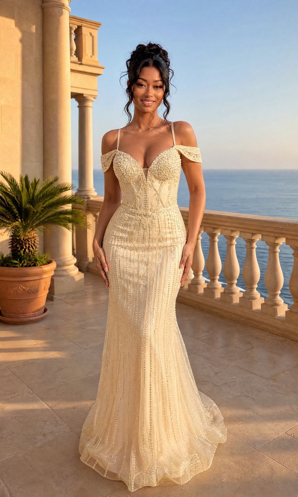 A woman in the Long Prom Dress: Chicas YG5039, a champagne off-the-shoulder gown with embellishments and corset bodice, stands on a sunlit balcony overlooking the sea, framed by potted plants and classical railings.